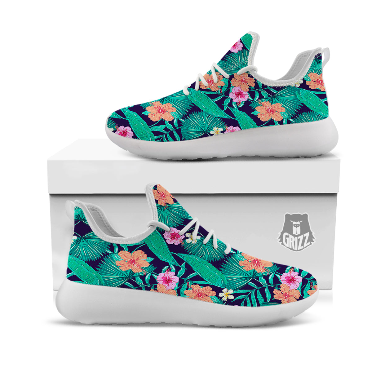 Hibiscus Leaves Tropical Print Pattern White Athletic Shoes-grizzshop