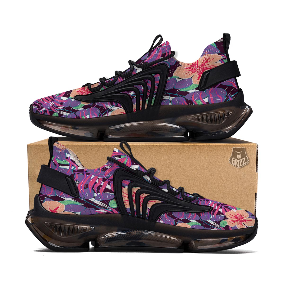 Hibiscus Purple Tropical Print Pattern Black Gym Shoes-grizzshop