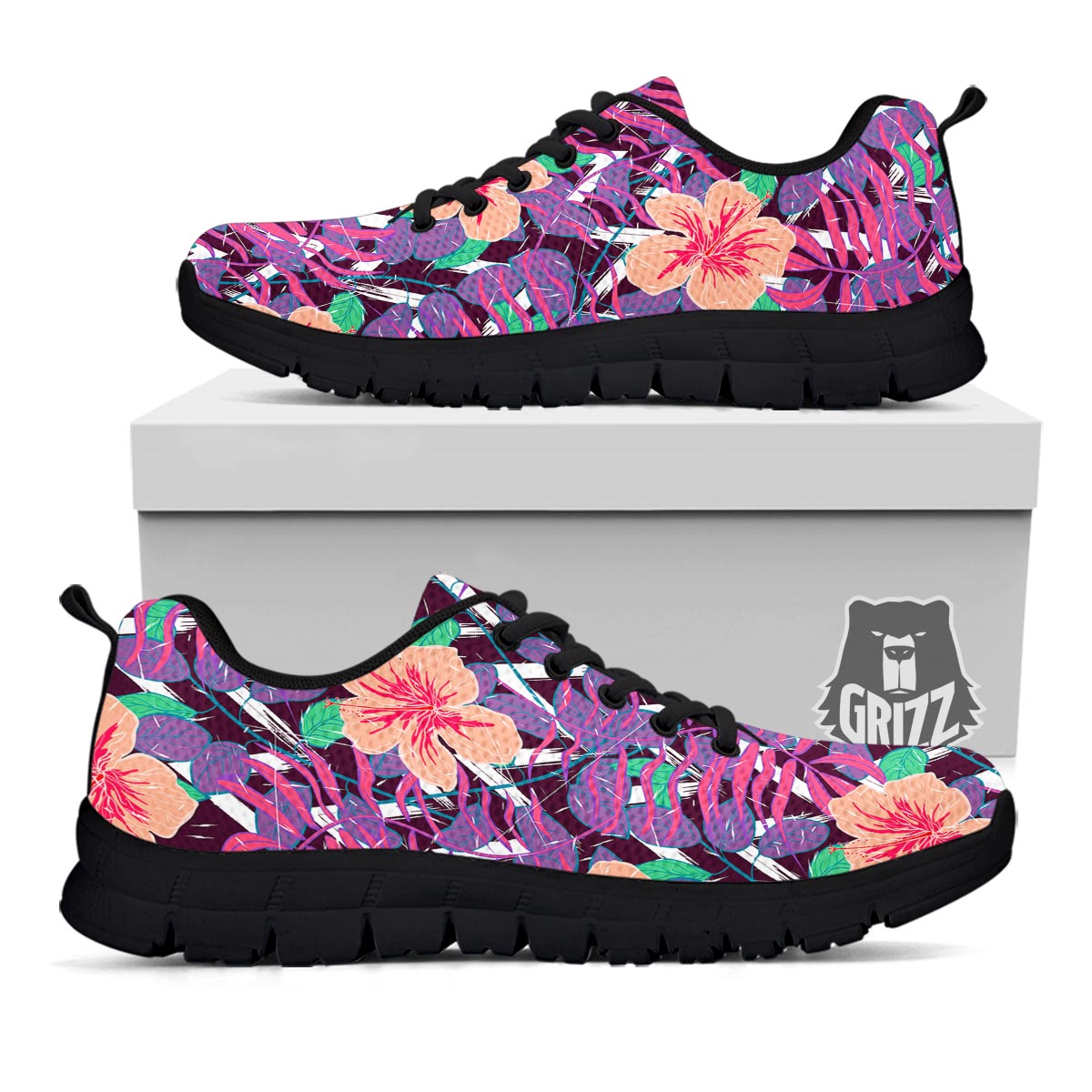 Hibiscus Purple Tropical Print Pattern Black Sneaker-grizzshop