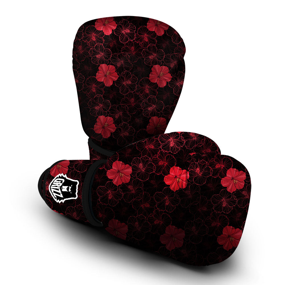 Hibiscus Red And Black Print Pattern Boxing Gloves-grizzshop