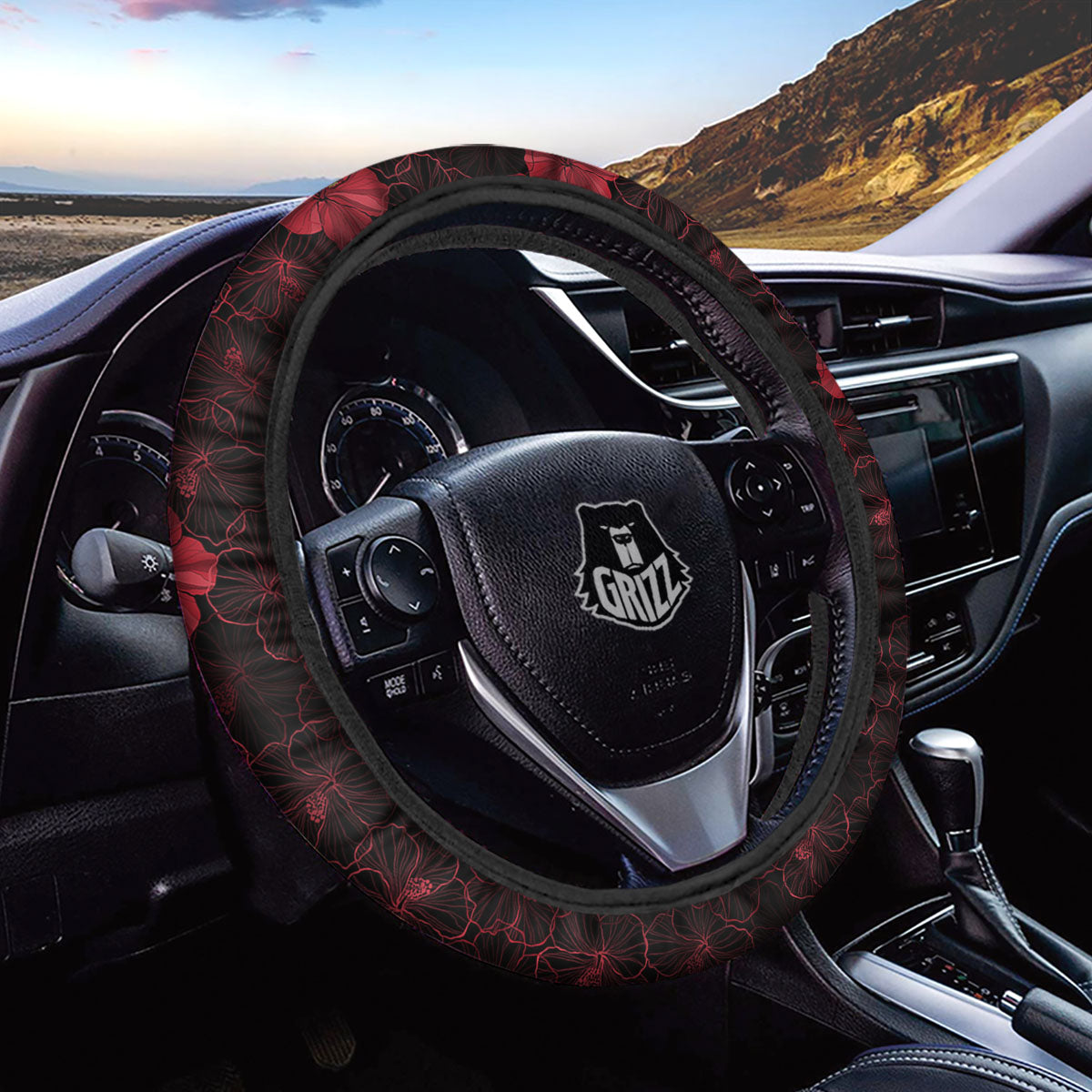 Hibiscus Red And Black Print Pattern Car Steering Wheel Cover-grizzshop