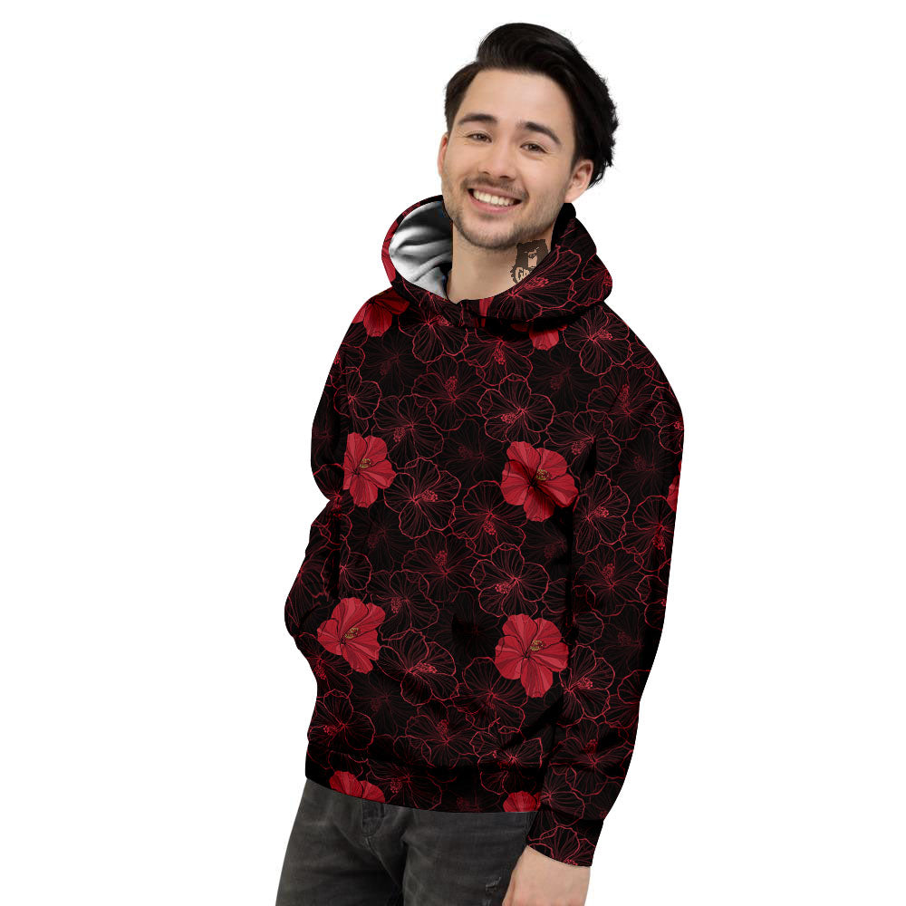 Hibiscus Red And Black Print Pattern Men's Hoodie-grizzshop