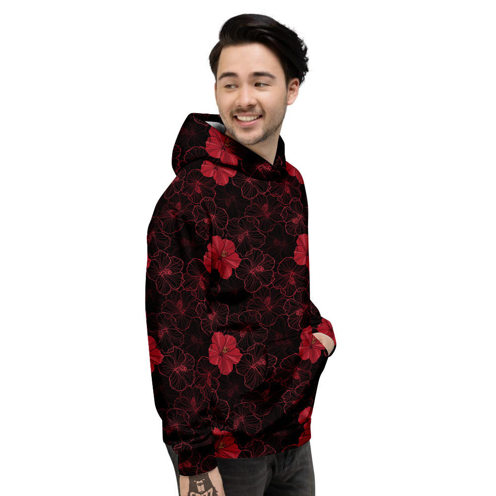 Hibiscus Red And Black Print Pattern Men's Hoodie-grizzshop