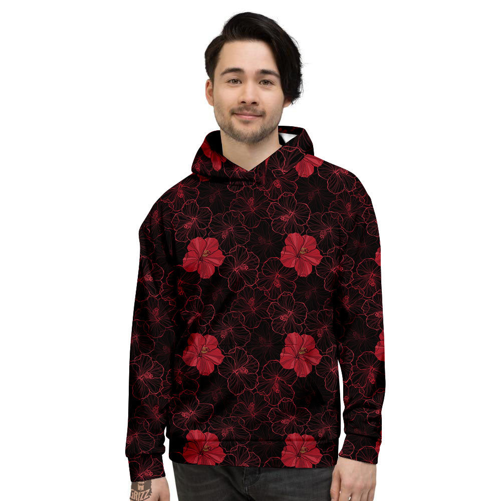 Hibiscus Red And Black Print Pattern Men's Hoodie-grizzshop