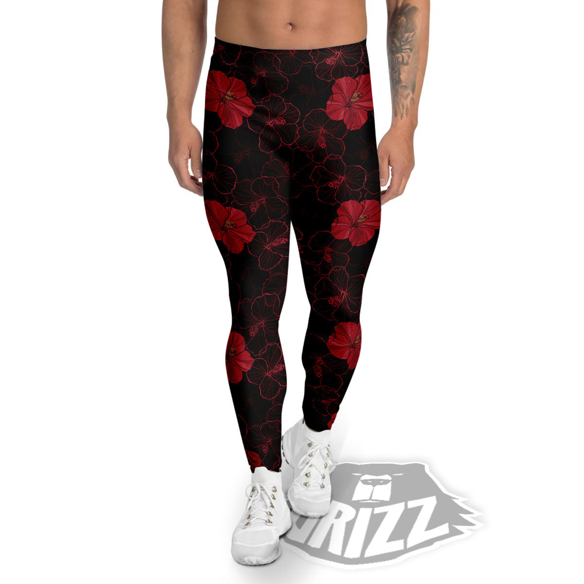 Hibiscus Red And Black Print Pattern Men's Leggings-grizzshop