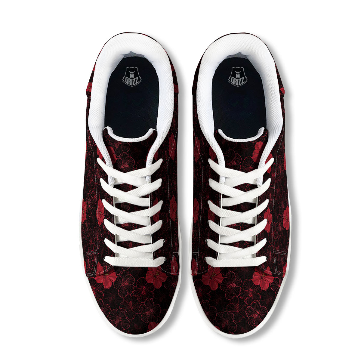 Hibiscus Red And Black Print Pattern White Low Top Sneakers-grizzshop