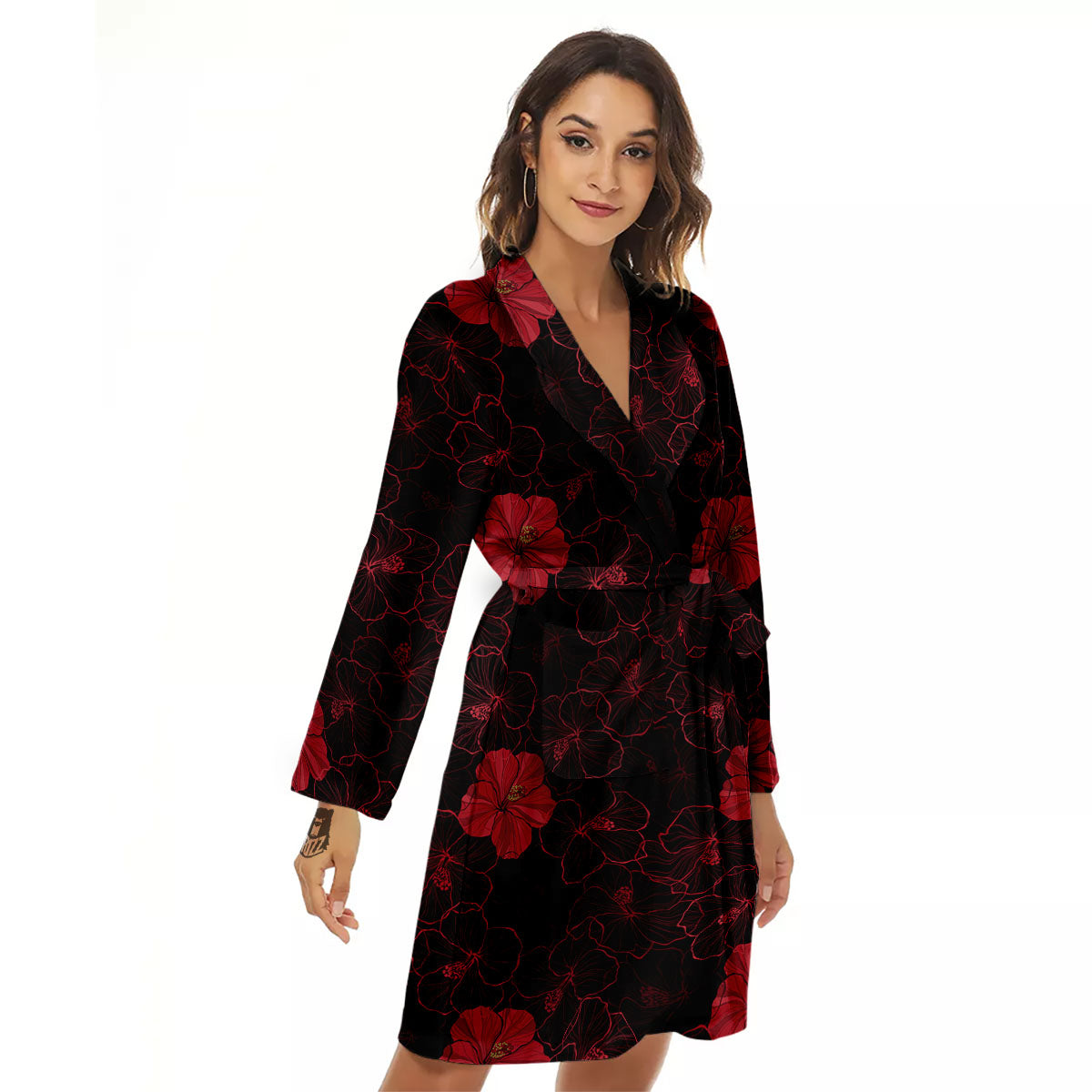 Hibiscus Red And Black Print Pattern Women's Robe-grizzshop
