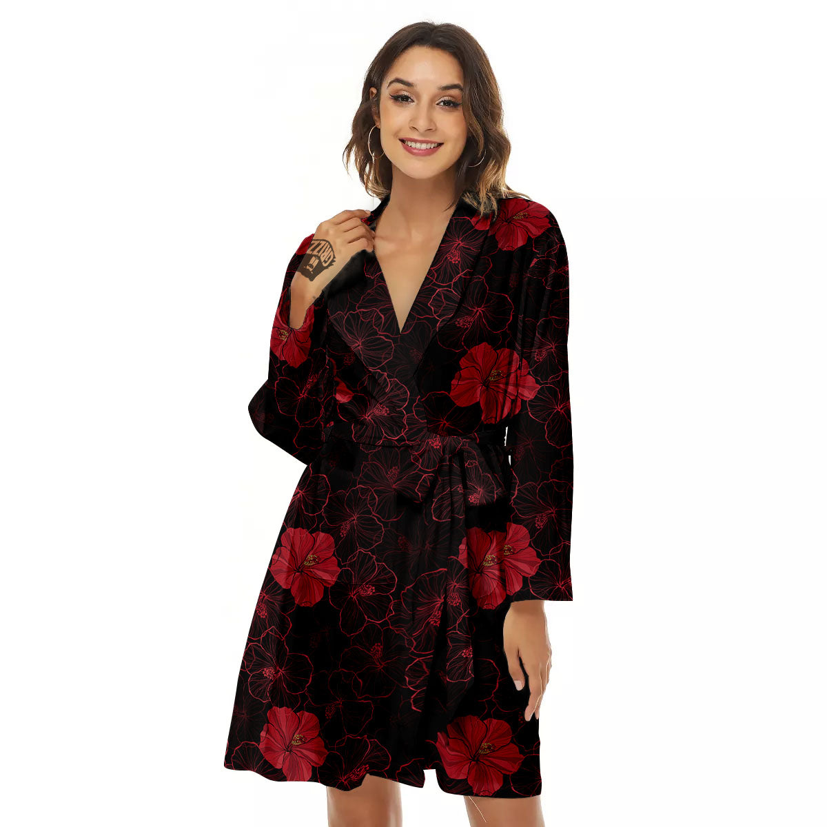 Hibiscus Red And Black Print Pattern Women's Robe-grizzshop