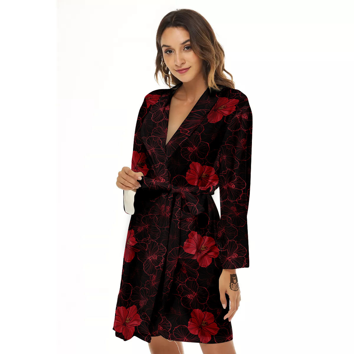 Hibiscus Red And Black Print Pattern Women's Robe-grizzshop