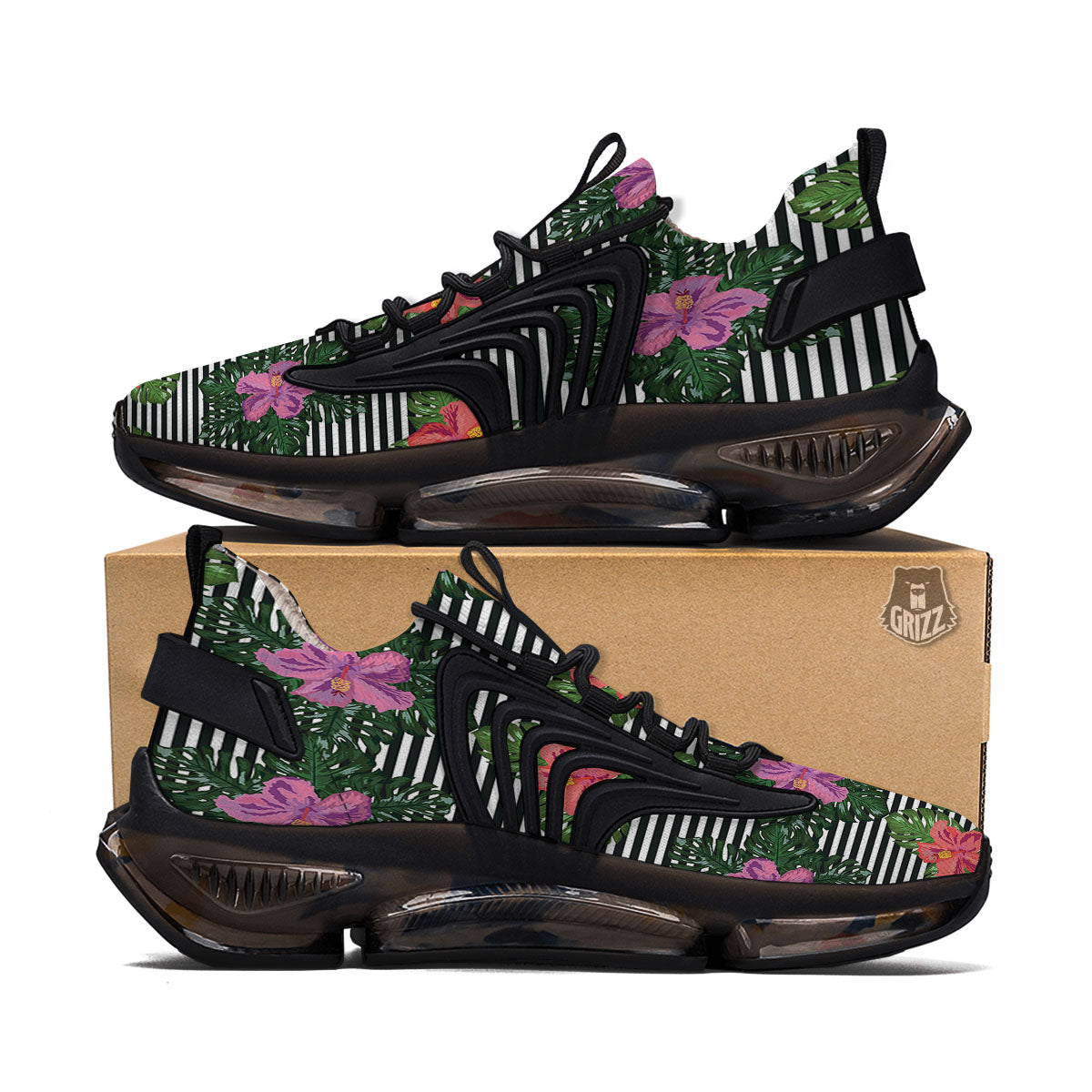 Hibiscus Striped Pink Print Pattern Black Gym Shoes-grizzshop
