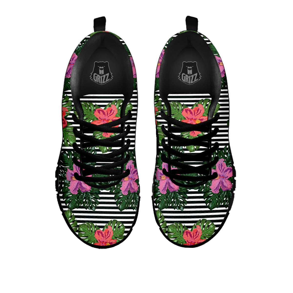 Hibiscus Striped Pink Print Pattern Black Sneaker-grizzshop