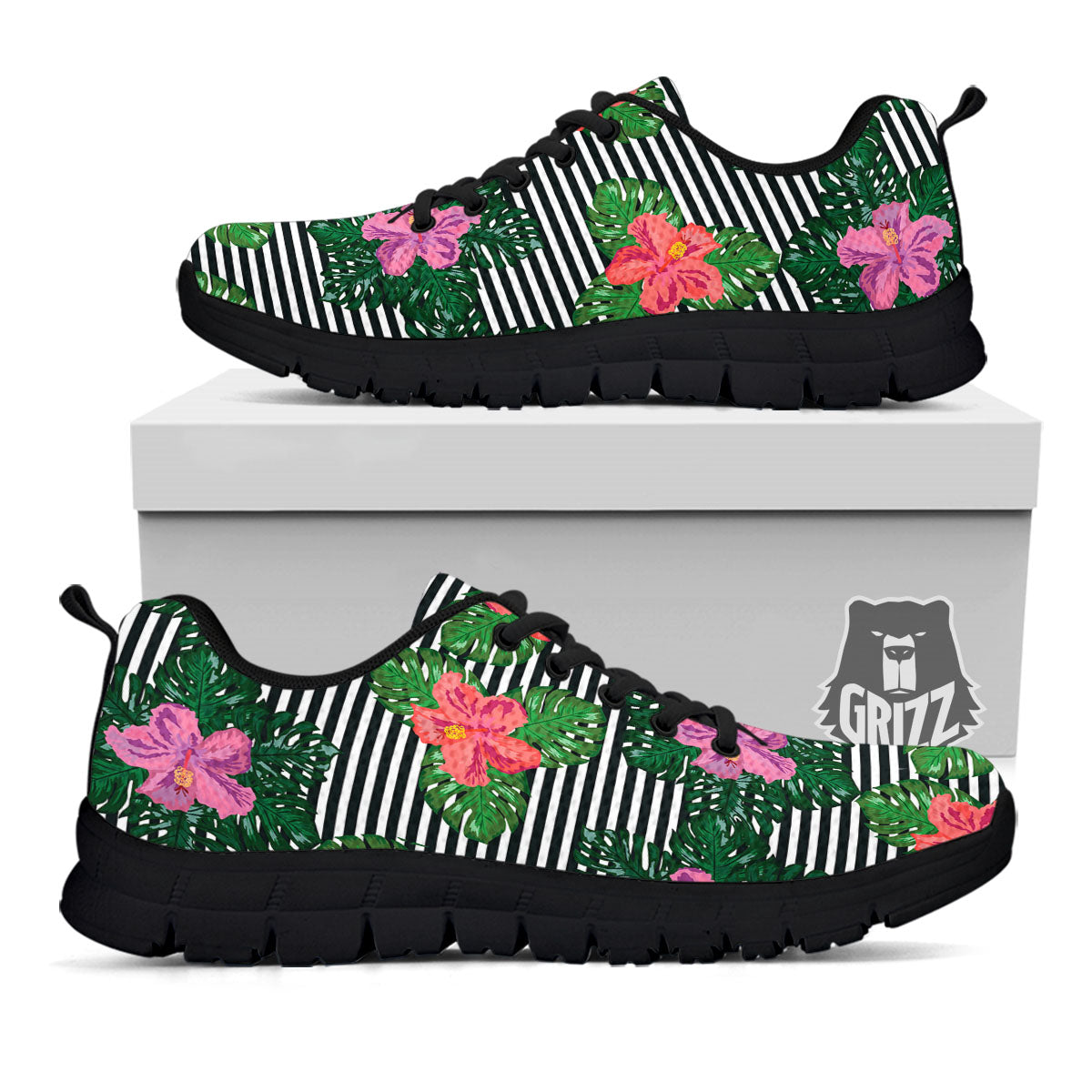 Hibiscus Striped Pink Print Pattern Black Sneaker-grizzshop