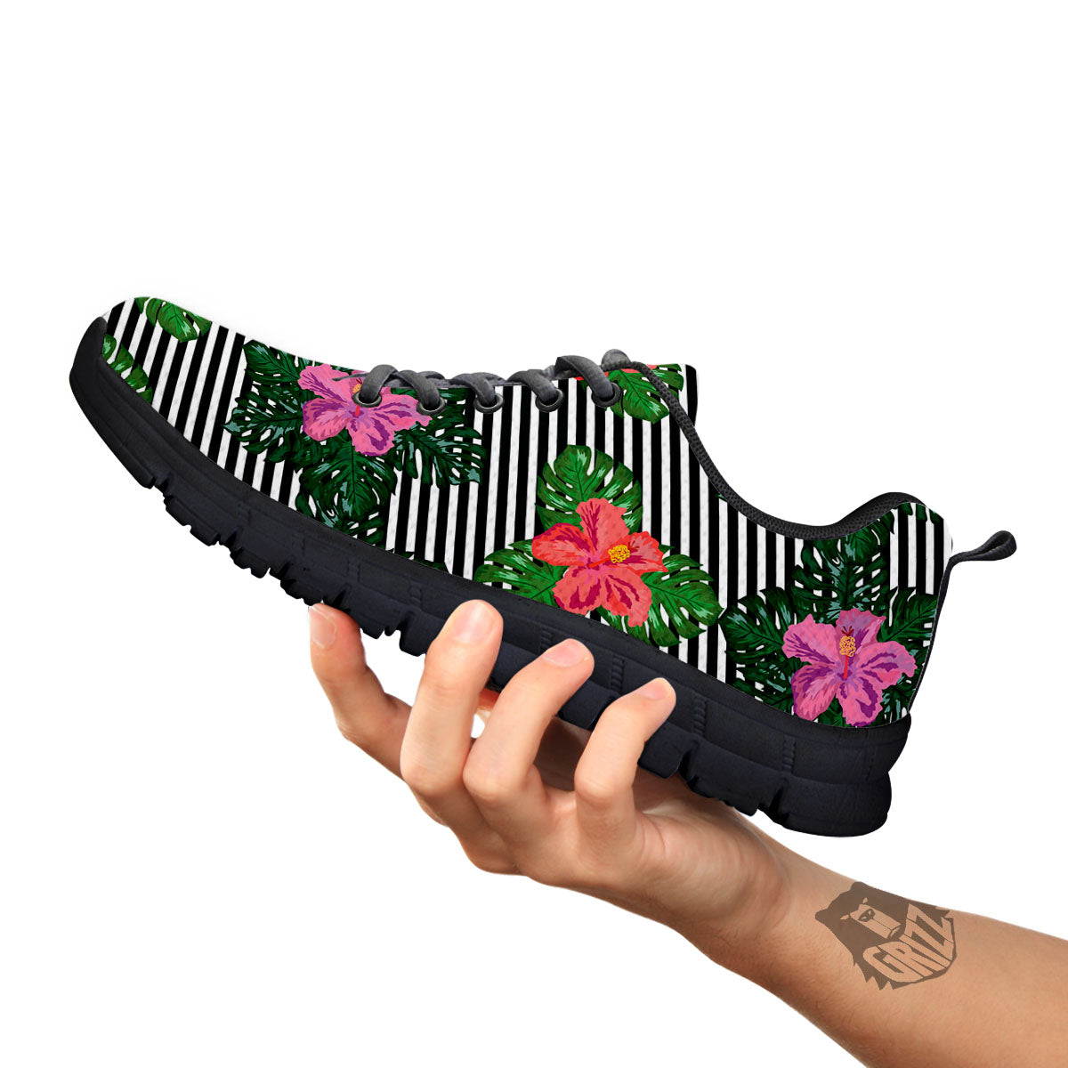 Hibiscus Striped Pink Print Pattern Black Sneaker-grizzshop