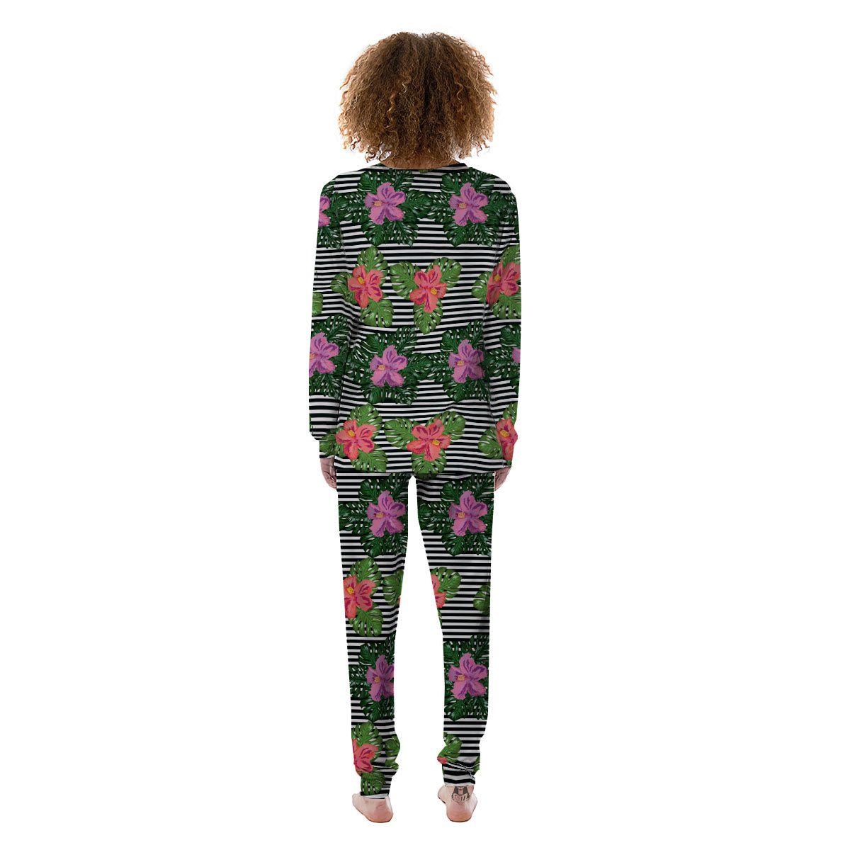 Hibiscus Striped Pink Print Pattern Women's Pajamas-grizzshop