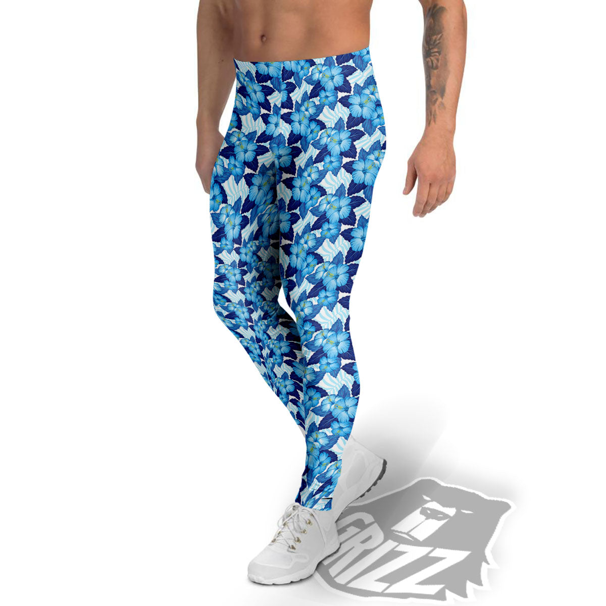 Hibiscus Tropical Blue Print Pattern Men's Leggings-grizzshop