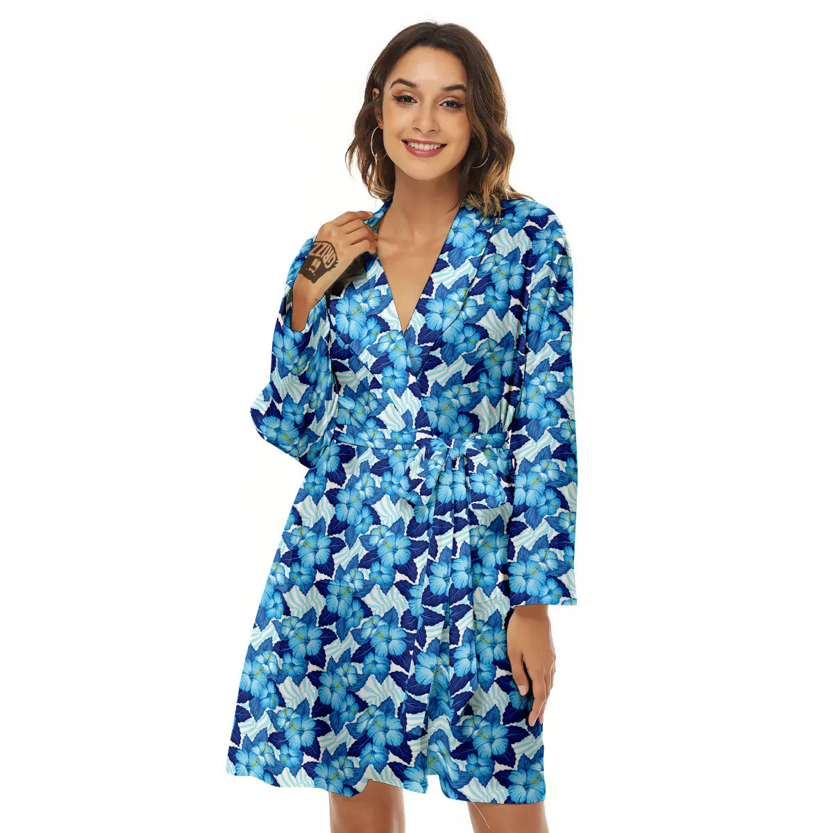 Hibiscus Tropical Blue Print Pattern Women's Robe-grizzshop