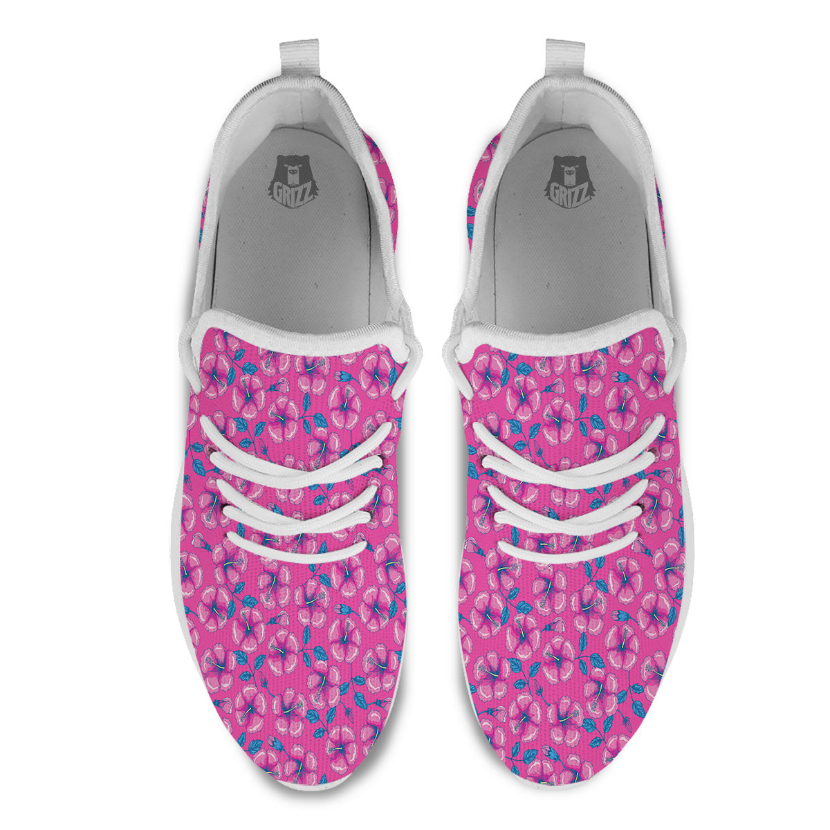 Hibiscus Tropical Hot Pink Print Pattern White Athletic Shoes-grizzshop