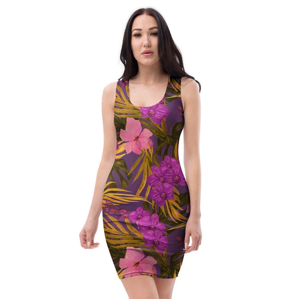 Hibiscus Watercolor Flower Hawaiian Print Bodycon Dress-grizzshop