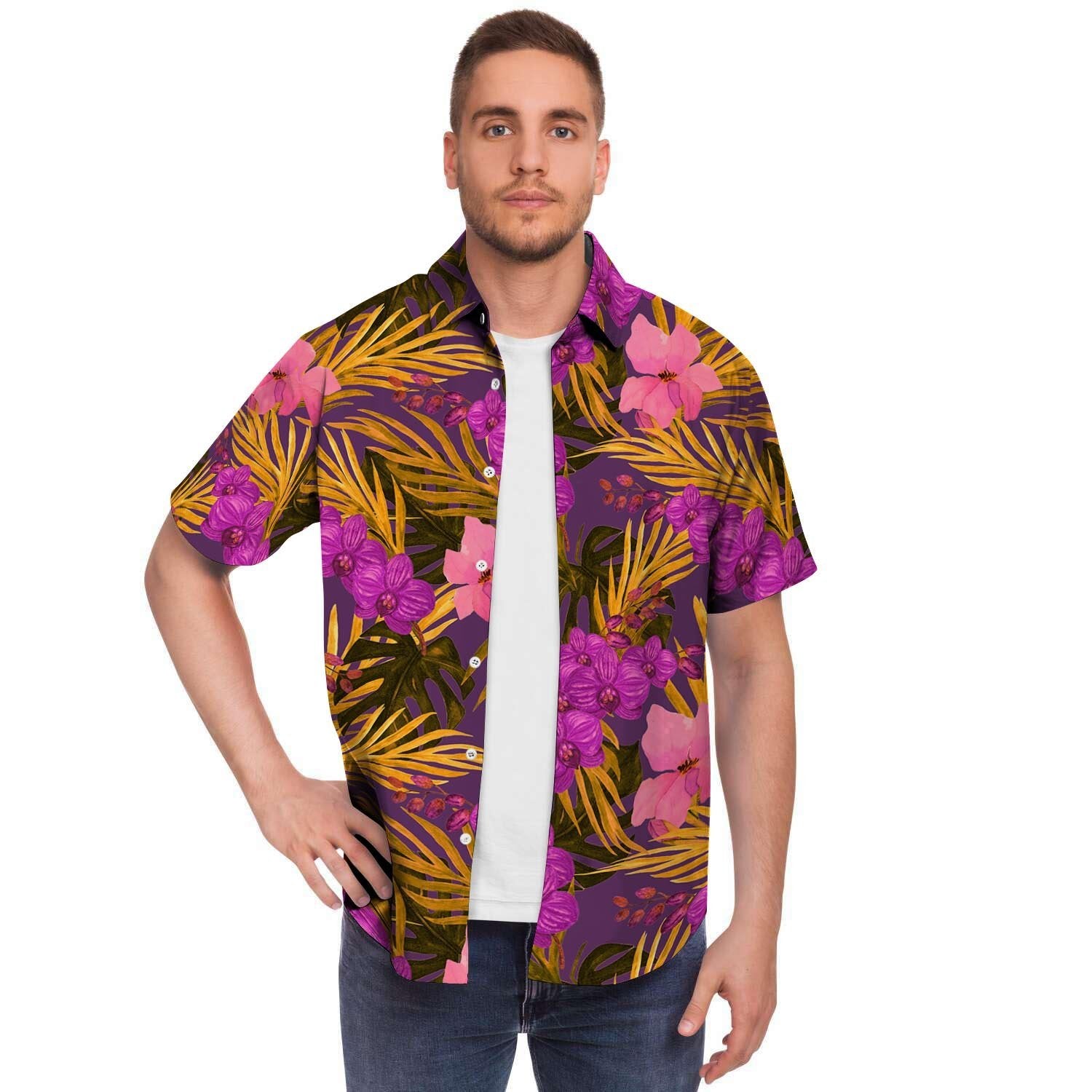 Hibiscus Watercolor Flower Hawaiian Print Men's Short Sleeve Shirt-grizzshop