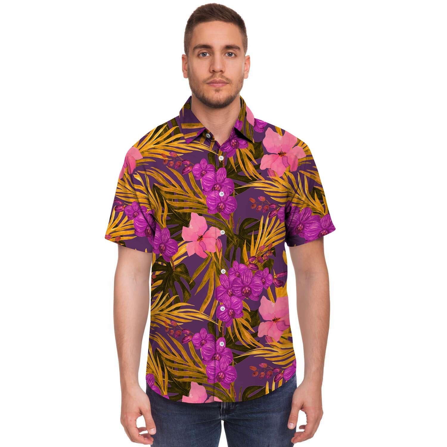 Hibiscus Watercolor Flower Hawaiian Print Men's Short Sleeve Shirt-grizzshop
