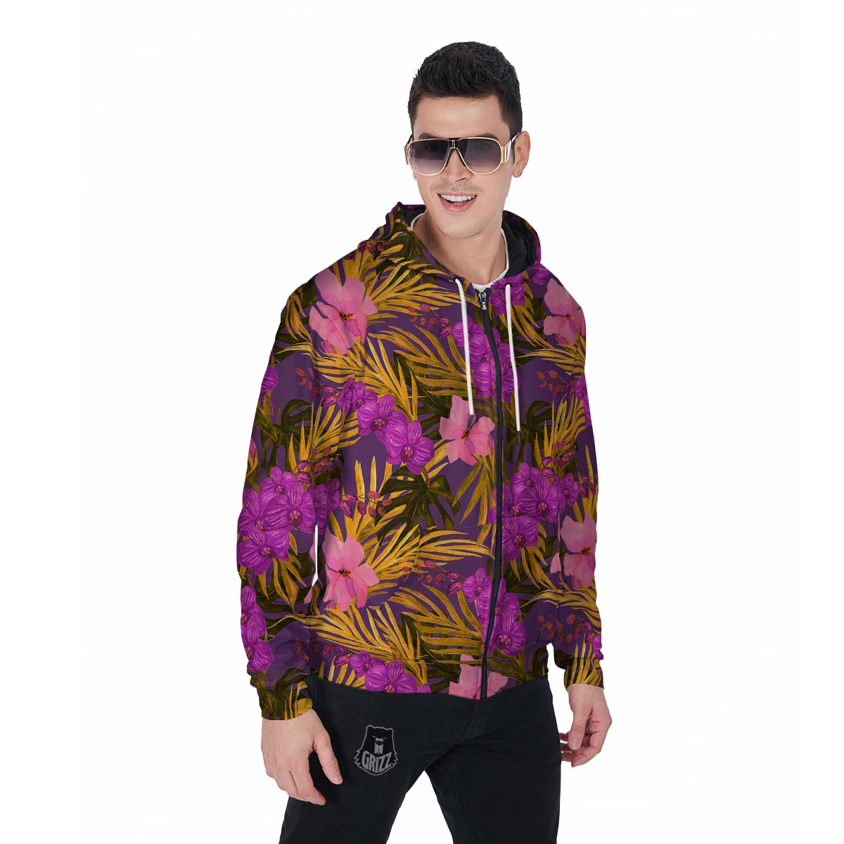 Hibiscus Watercolor Flower Hawaiian Print Men's Zip Up Hoodie-grizzshop