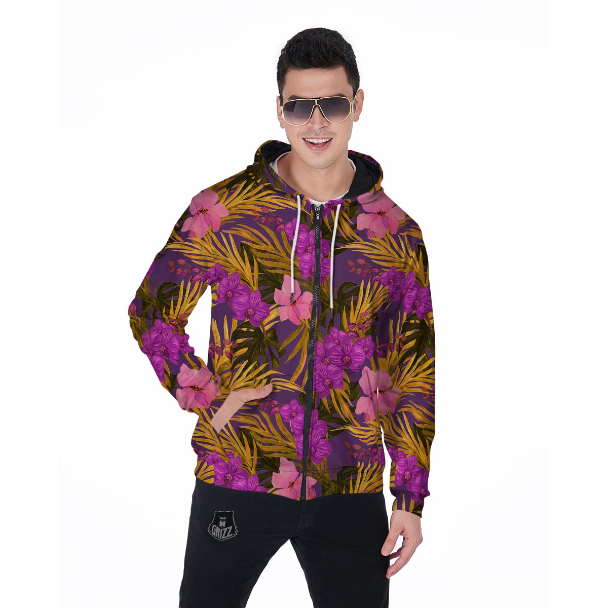 Hibiscus Watercolor Flower Hawaiian Print Men's Zip Up Hoodie-grizzshop