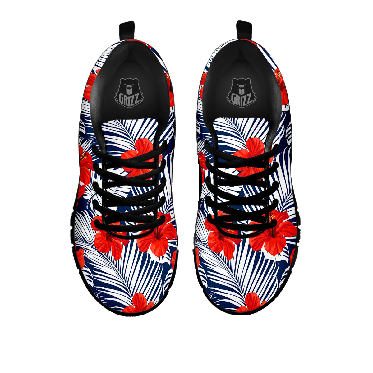 Hibiscus White Leaves Print Pattern Black Sneaker-grizzshop