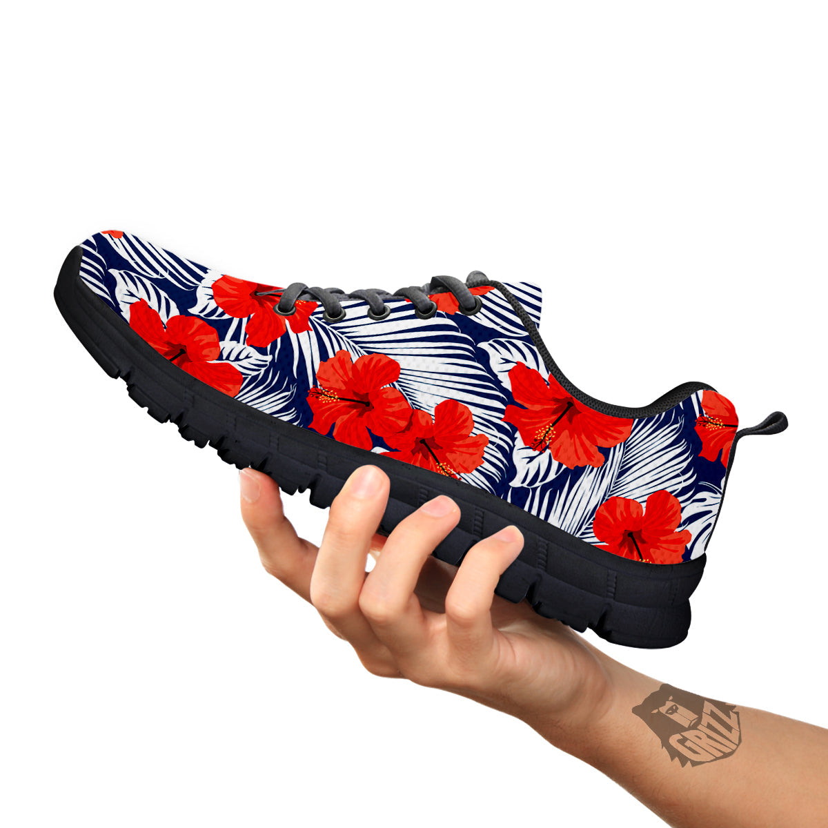 Hibiscus White Leaves Print Pattern Black Sneaker-grizzshop