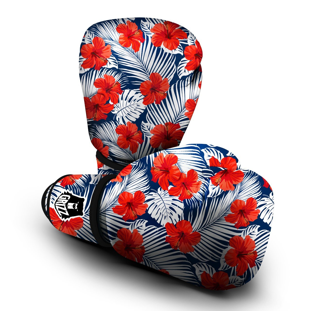 Hibiscus White Leaves Print Pattern Boxing Gloves-grizzshop