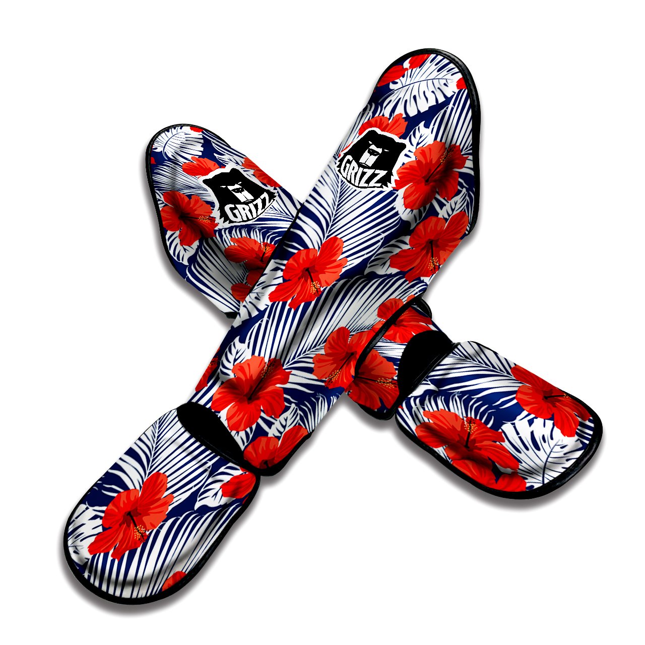 Hibiscus White Leaves Print Pattern Muay Thai Shin Guards-grizzshop