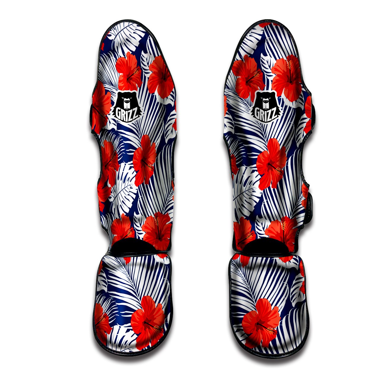 Hibiscus White Leaves Print Pattern Muay Thai Shin Guards-grizzshop