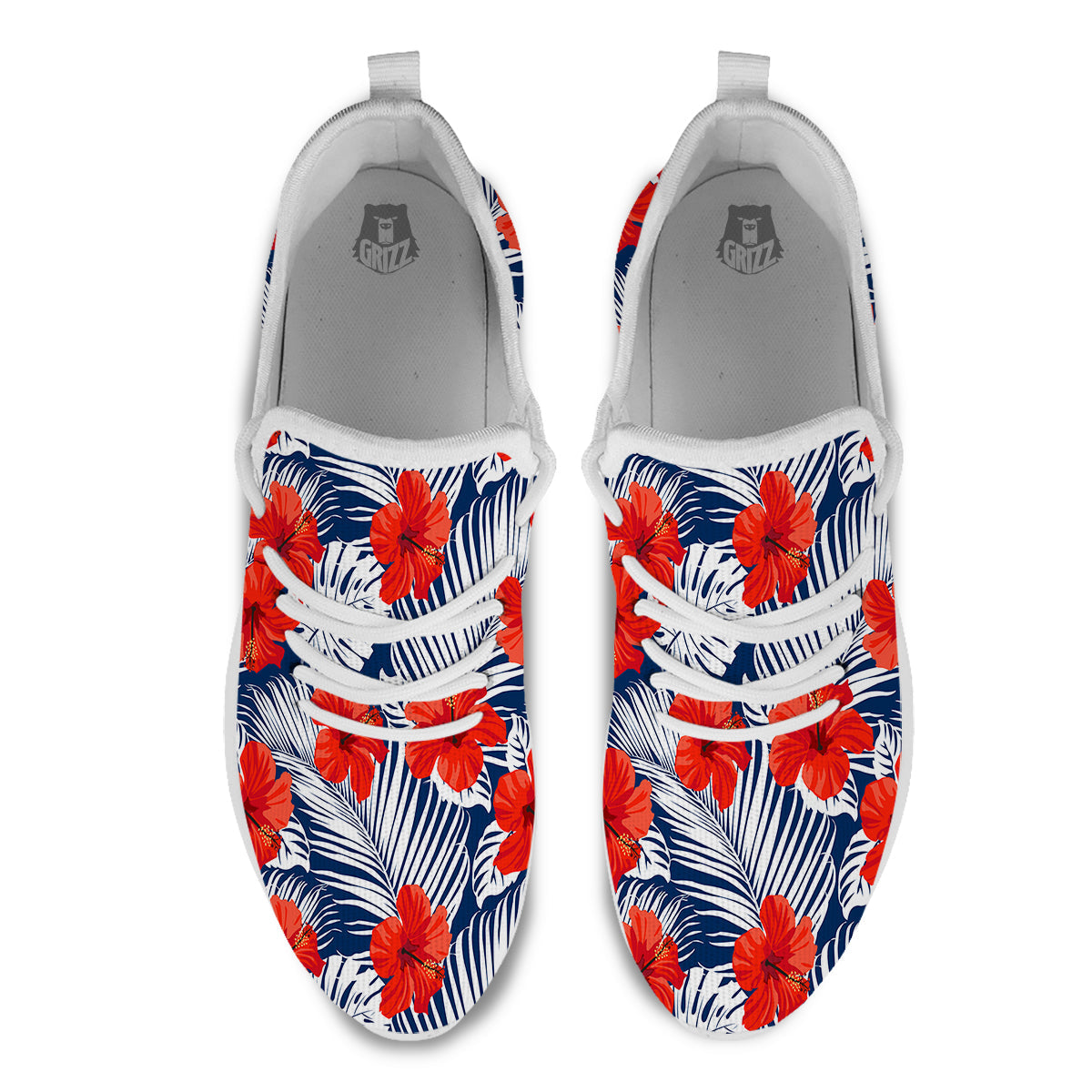 Hibiscus White Leaves Print Pattern White Athletic Shoes-grizzshop