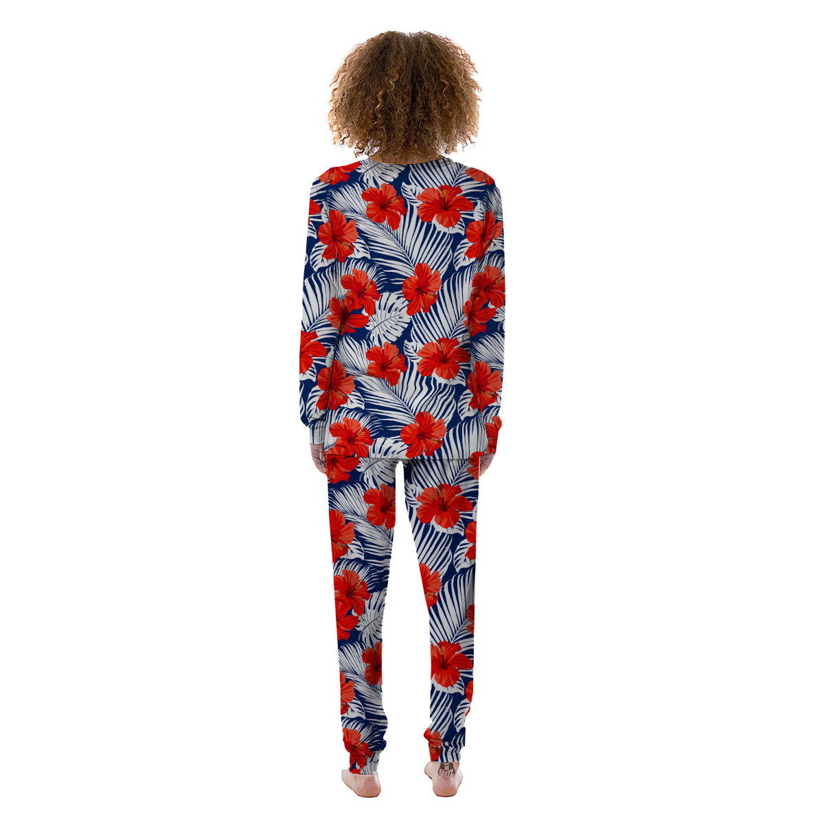 Hibiscus White Leaves Print Pattern Women's Pajamas-grizzshop