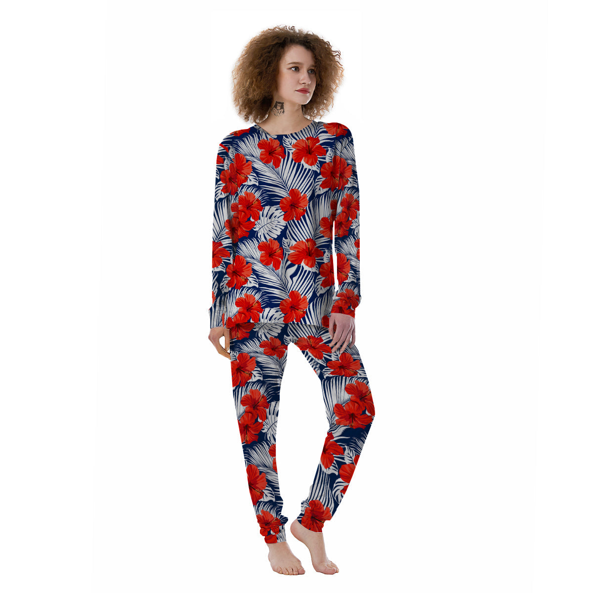 Hibiscus White Leaves Print Pattern Women's Pajamas-grizzshop