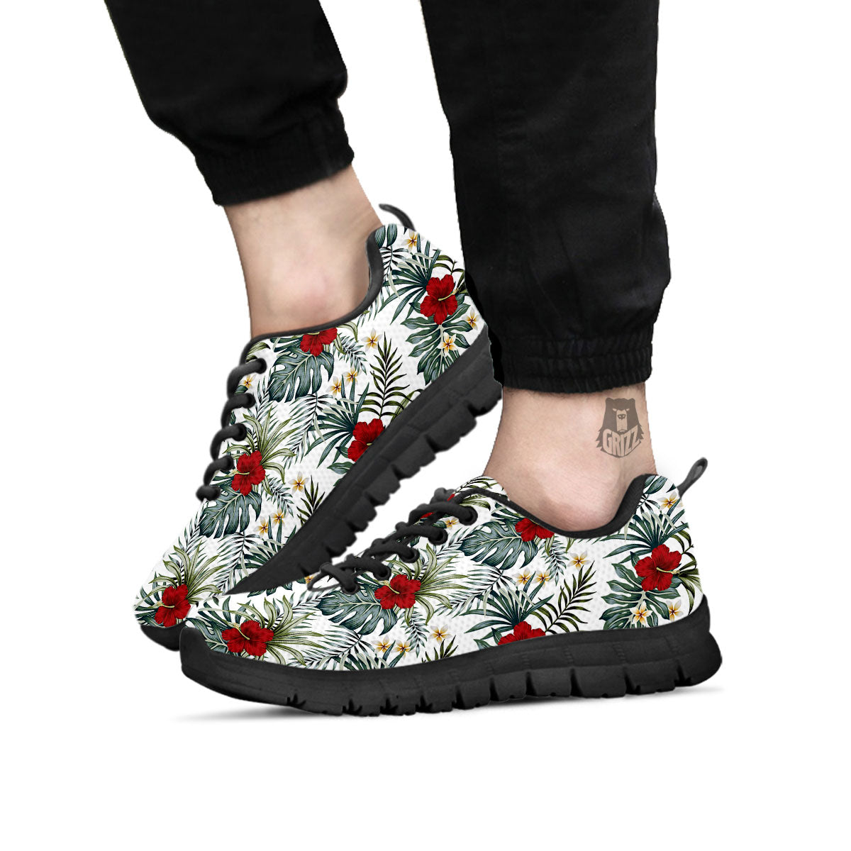 Hibiscus White Tropical Print Pattern Black Sneaker-grizzshop