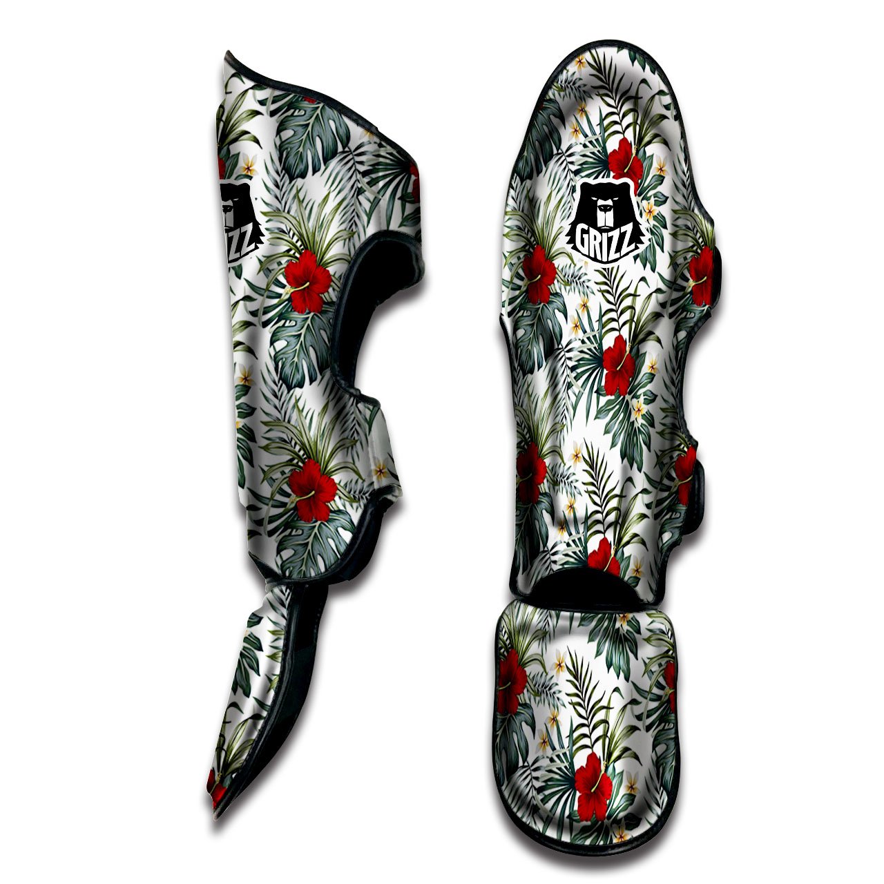 Hibiscus White Tropical Print Pattern Muay Thai Shin Guards-grizzshop