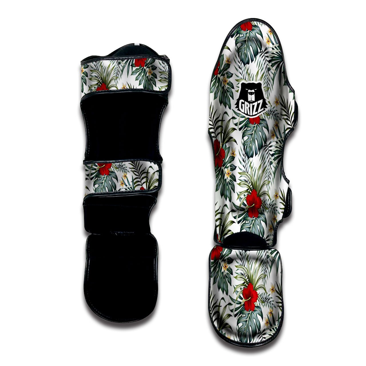 Hibiscus White Tropical Print Pattern Muay Thai Shin Guards-grizzshop