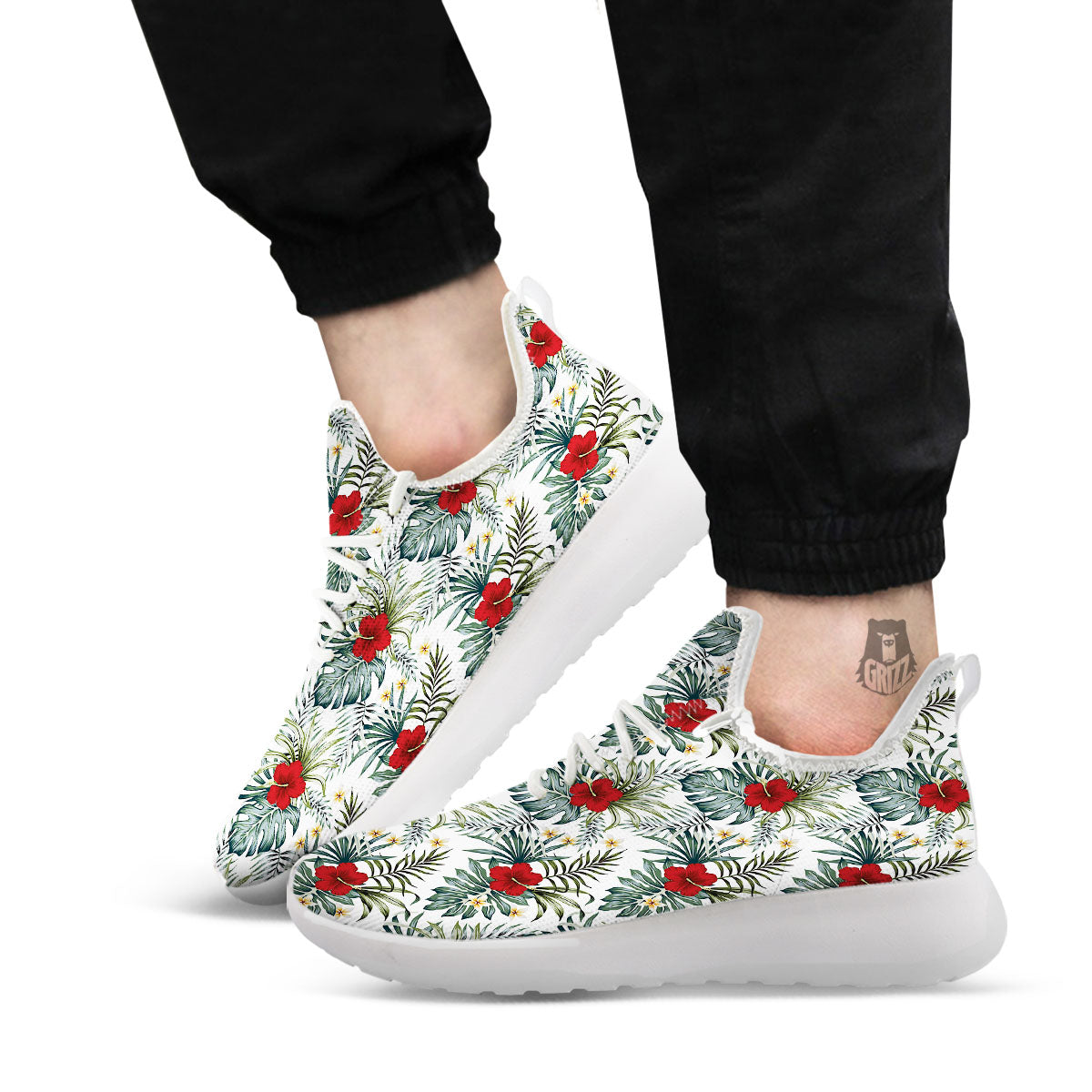 Hibiscus White Tropical Print Pattern White Athletic Shoes-grizzshop