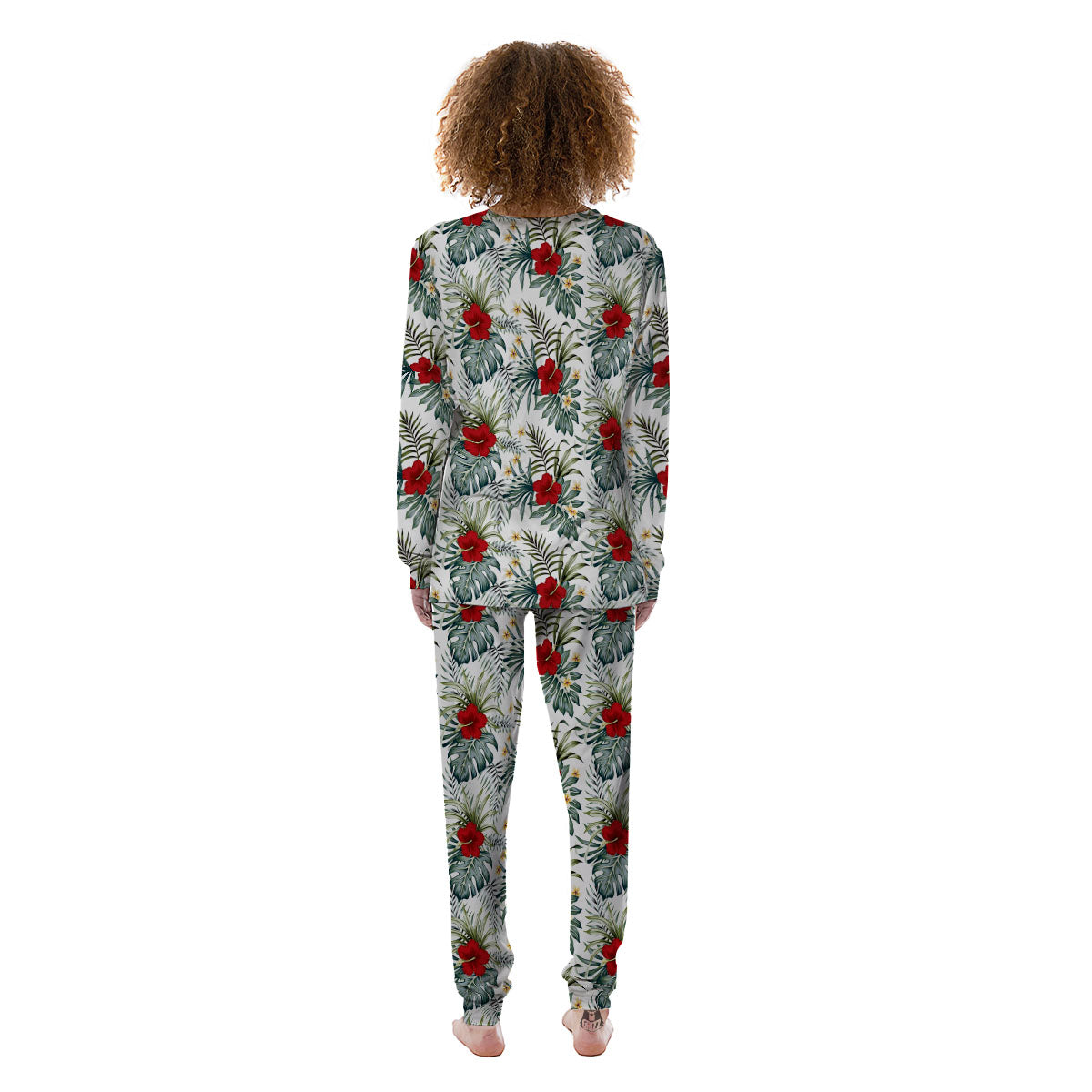 Hibiscus White Tropical Print Pattern Women's Pajamas-grizzshop