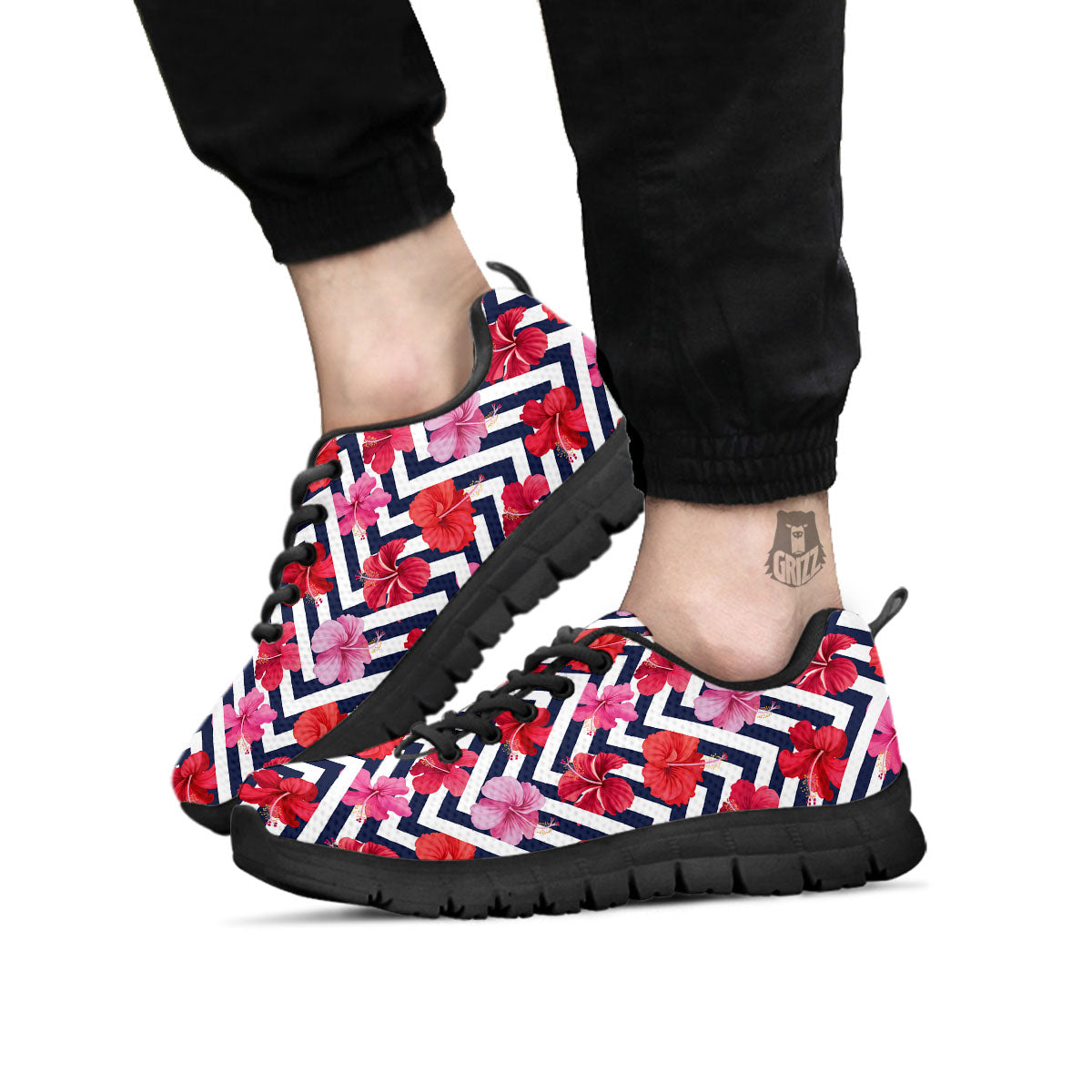 Hibiscus Zigzag Pink Print Pattern Black Sneaker-grizzshop