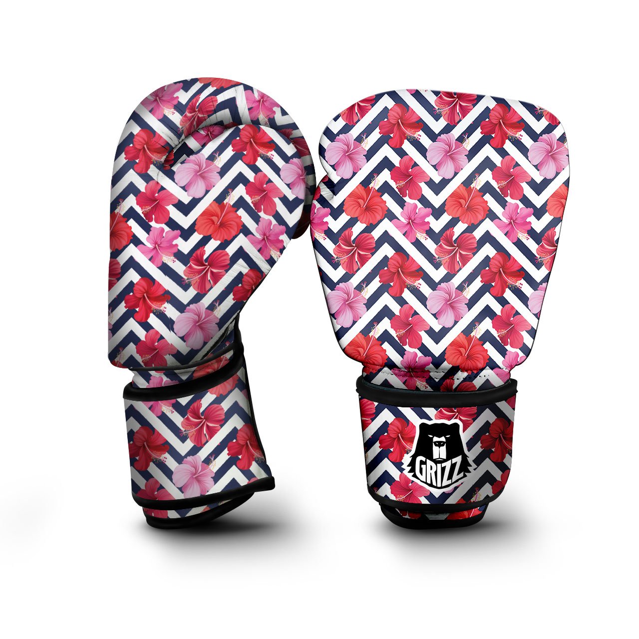 Hibiscus Zigzag Pink Print Pattern Boxing Gloves-grizzshop