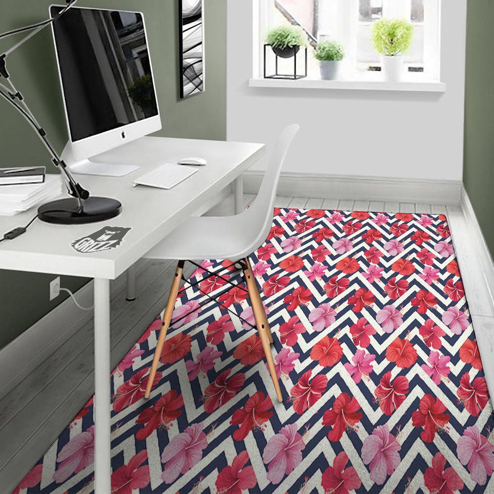 Hibiscus Zigzag Pink Print Pattern Floor Mat-grizzshop