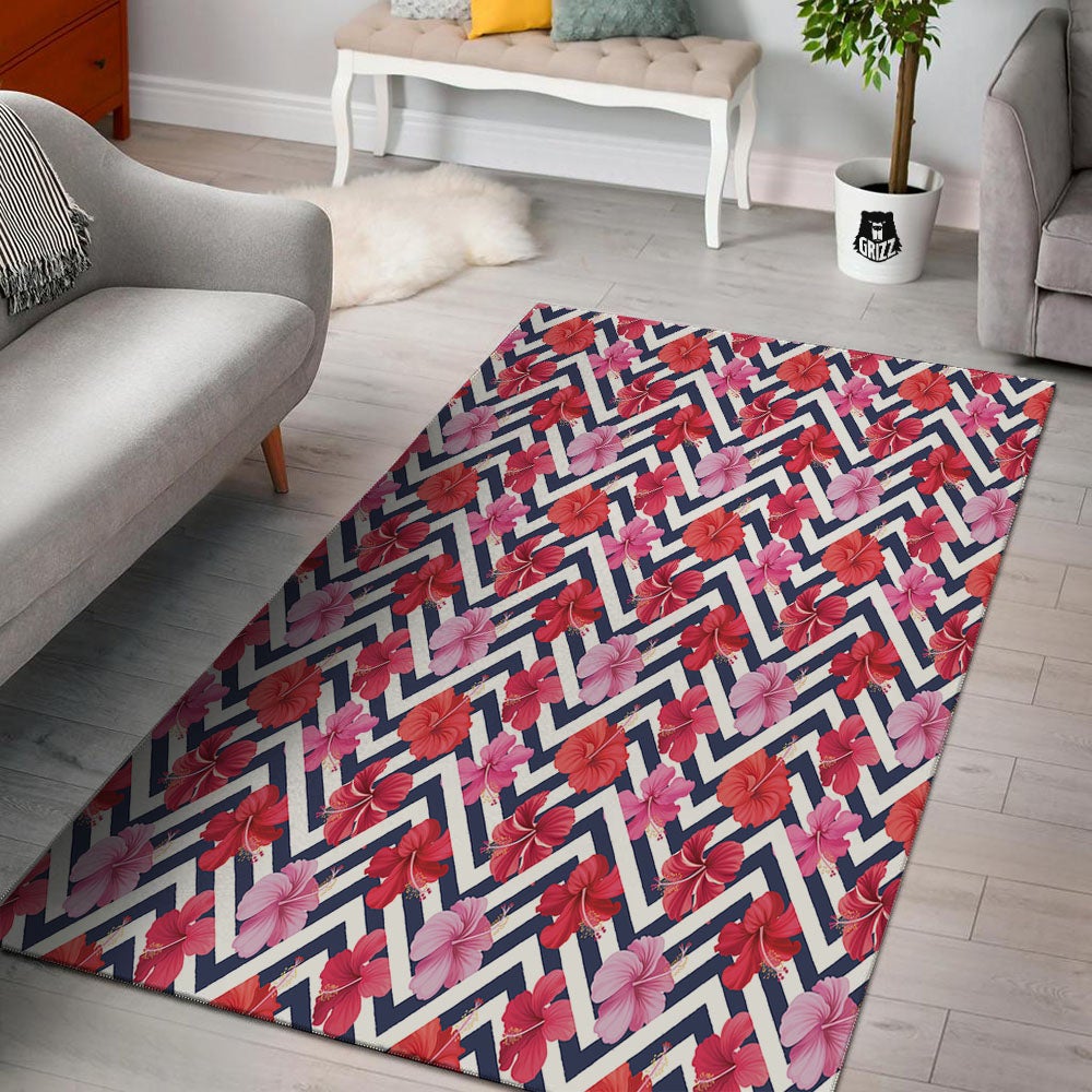 Hibiscus Zigzag Pink Print Pattern Floor Mat-grizzshop