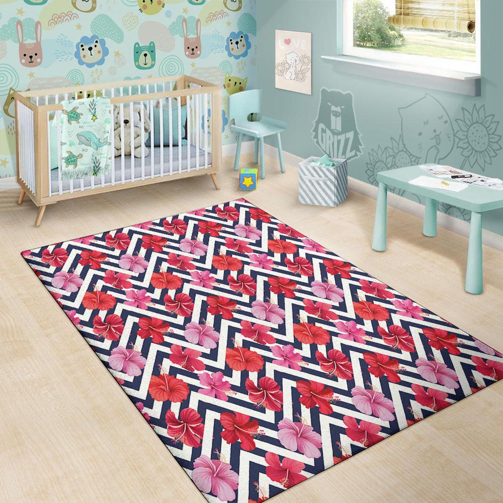 Hibiscus Zigzag Pink Print Pattern Floor Mat-grizzshop