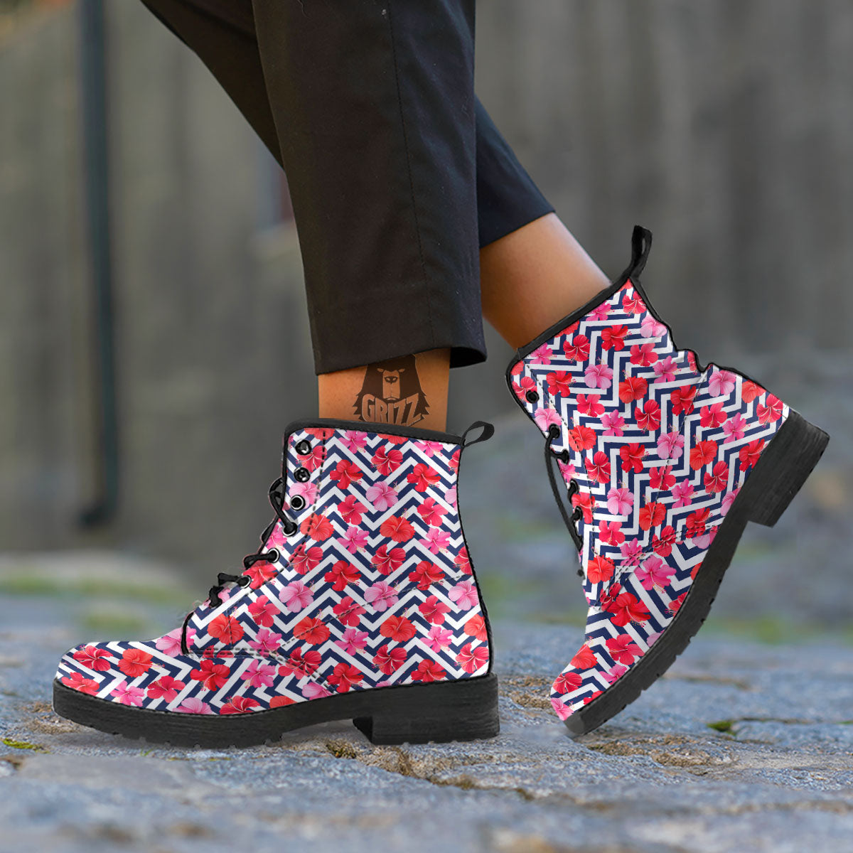 Hibiscus Zigzag Pink Print Pattern Leather Boots-grizzshop