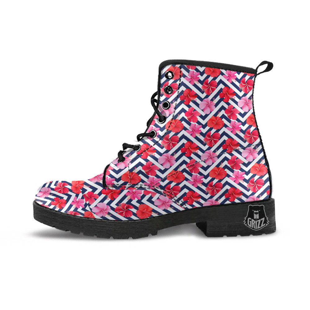 Hibiscus Zigzag Pink Print Pattern Leather Boots-grizzshop