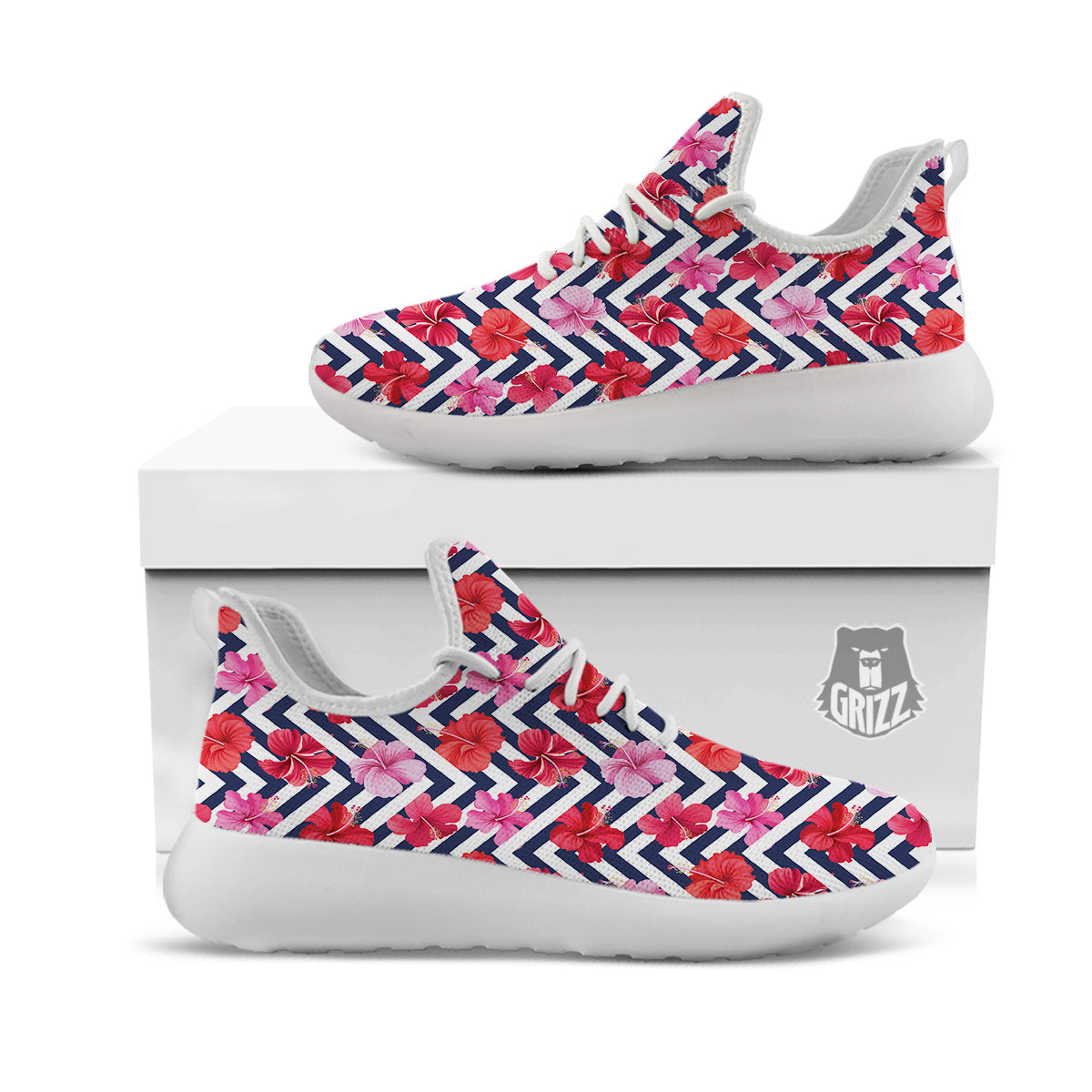 Hibiscus Zigzag Pink Print Pattern White Athletic Shoes-grizzshop