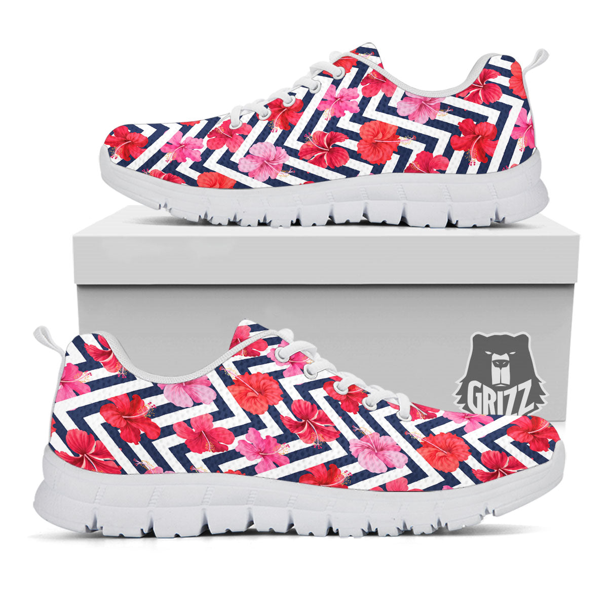 Hibiscus Zigzag Pink Print Pattern White Sneaker-grizzshop