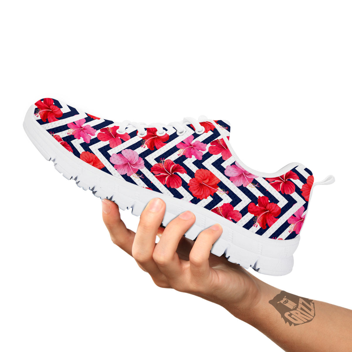 Hibiscus Zigzag Pink Print Pattern White Sneaker-grizzshop