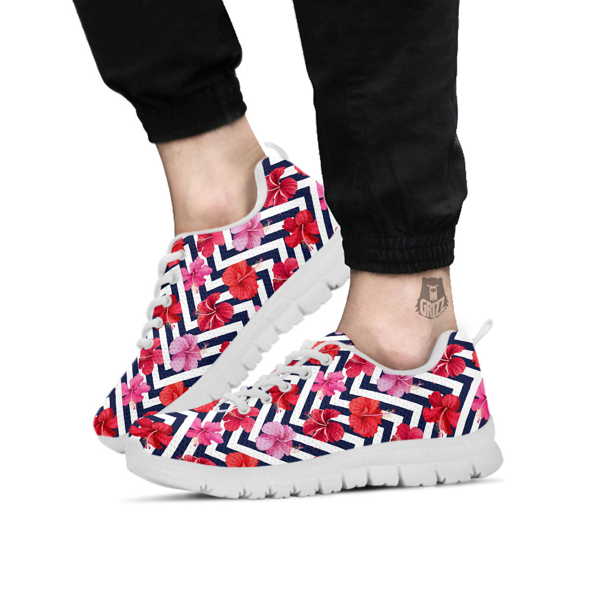 Hibiscus Zigzag Pink Print Pattern White Sneaker-grizzshop